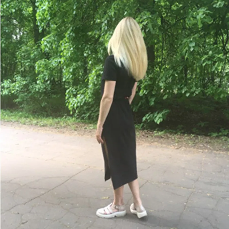 Женское платье с коротким рукавом однотонное Черное длинное до щиколотки