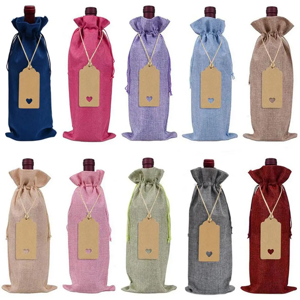 

10pcs 15*35cm Burlap Wine Bags Drawstring Wine Bottle Bag with Tags Reusable Bottle Wrap Gift Package Wine Bags