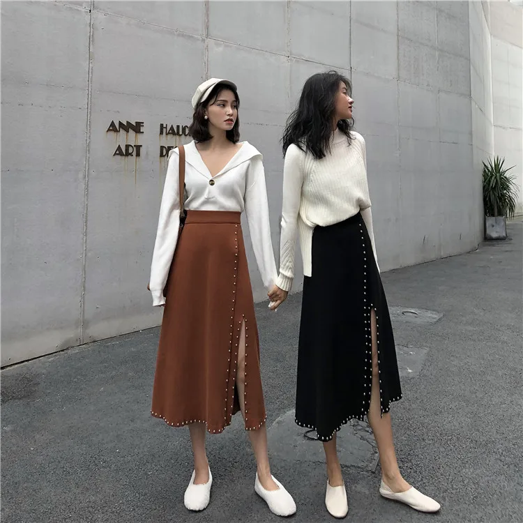 Новинка 2020 Женская однотонная трикотажная Плотная юбка бедра с разрезом на