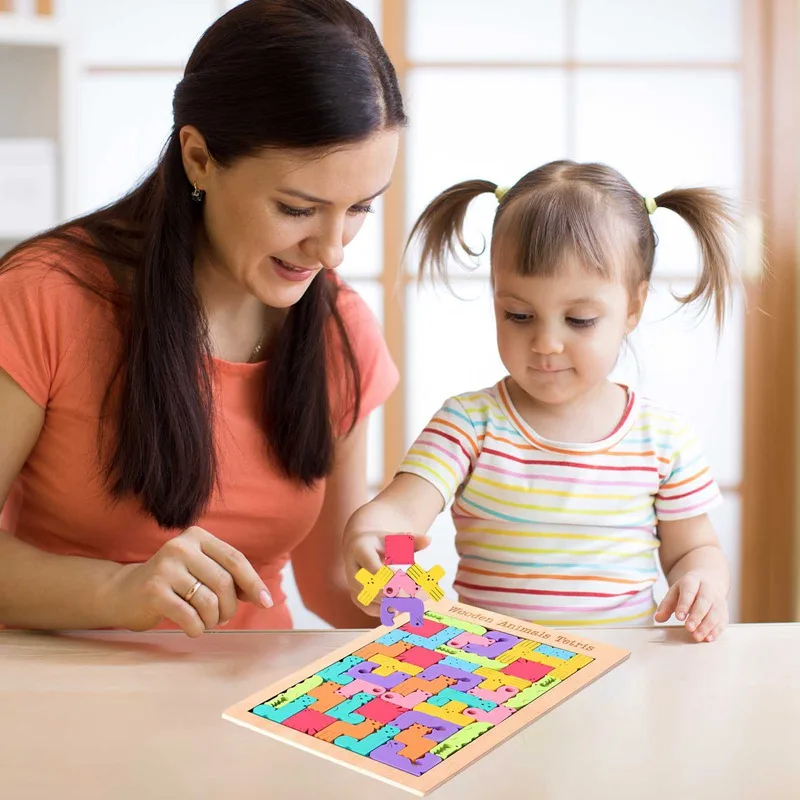 

Colorful Animal Tetris for Children Educational Toys Kids Early Learning Wooden Building Blocks Game Birthday Gift