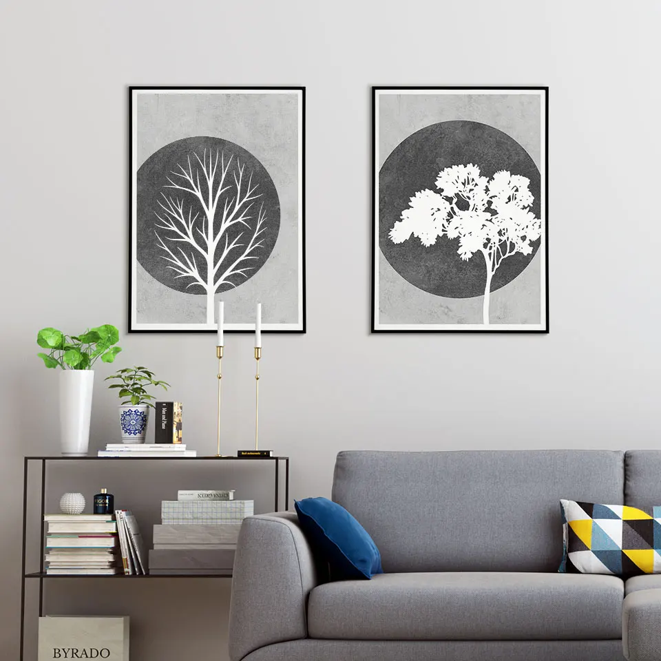 Плакат с силуэтом серого и белого дерева черная белая Картина на холсте