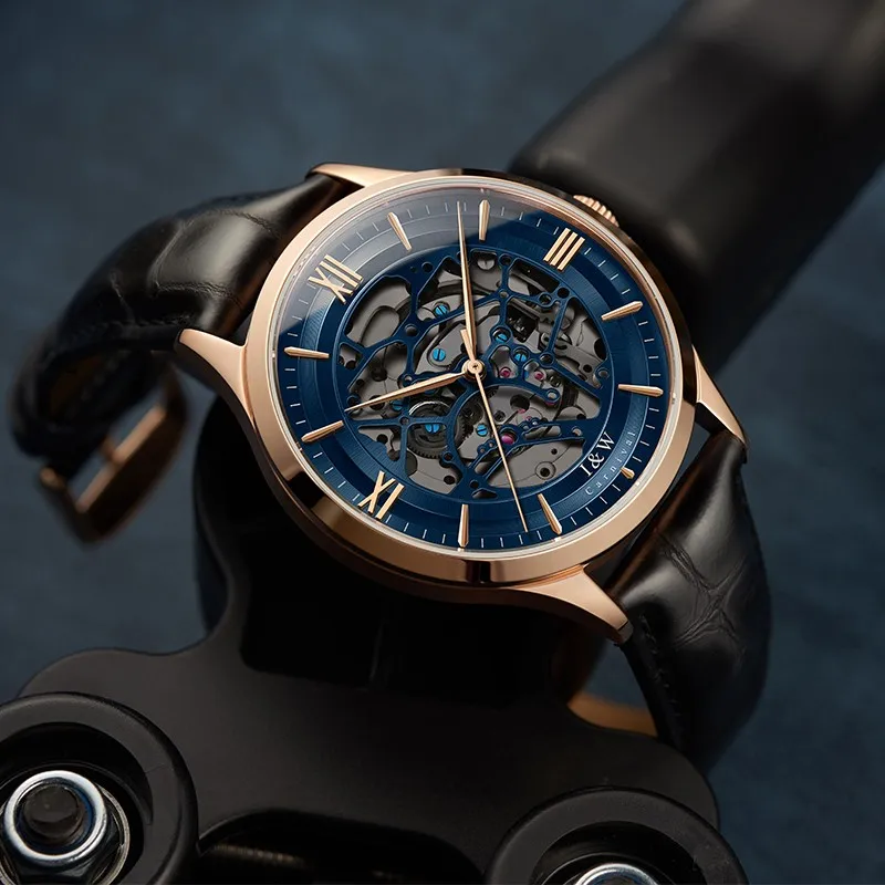 Фото Blue Skeleton Watch for Men Luxury Brand I&W Rose Gold Case Automatic Watch Sapphire Leather Strap Men Mechanical Wristwatches №5
