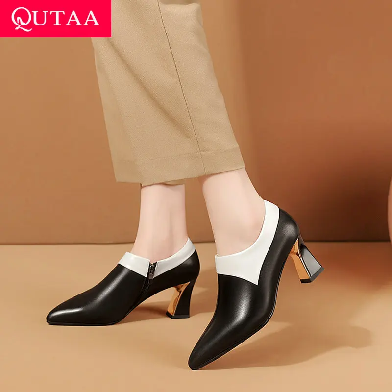 

QUTAA 2022 Women Summer Shoes Square High Heel Platform Woman Pumps Genuine Leather Black Ladies Wedding Shoes Size 34-39