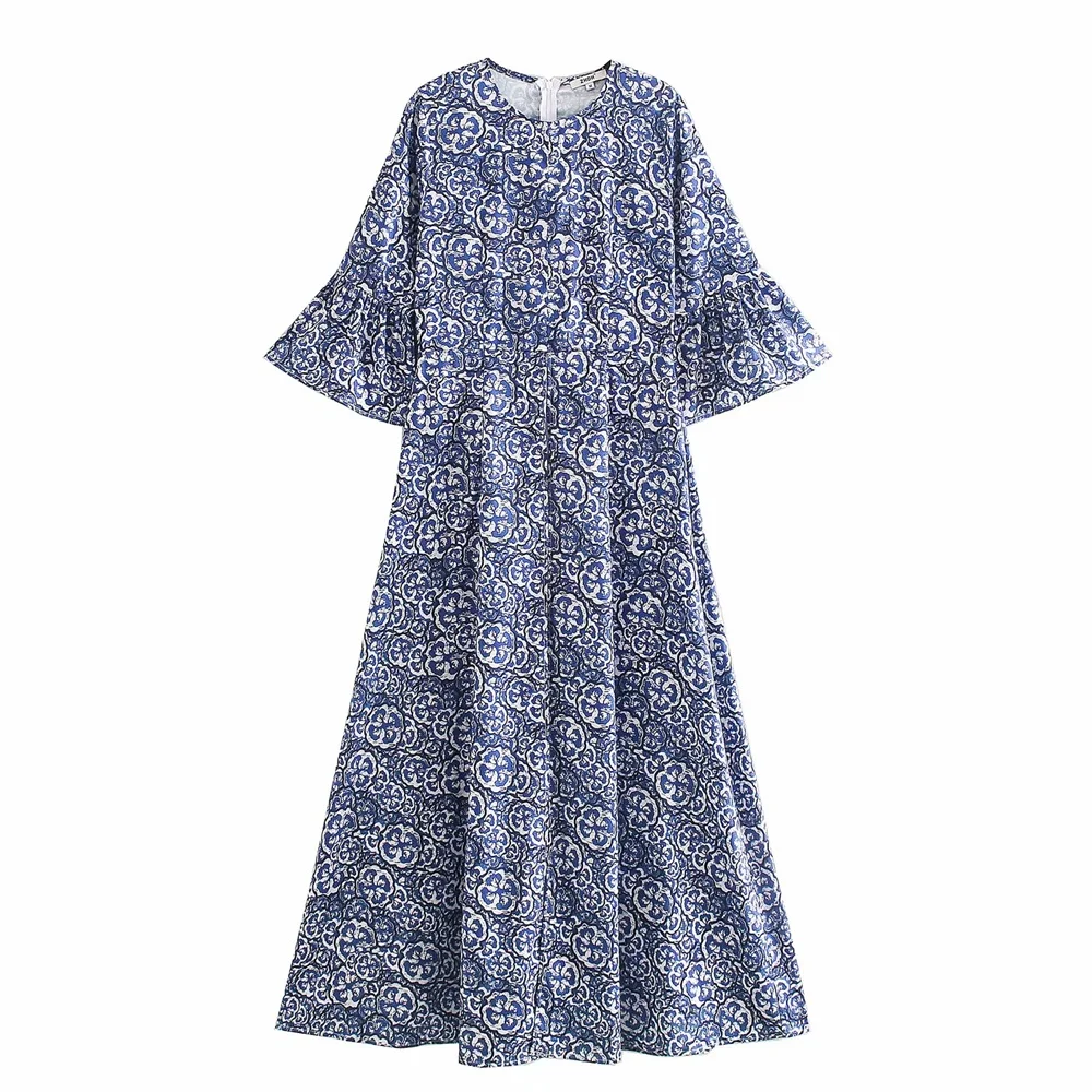 Весна 2020 женское новое ретро синее и белое фарфоровое длинное платье с круглым