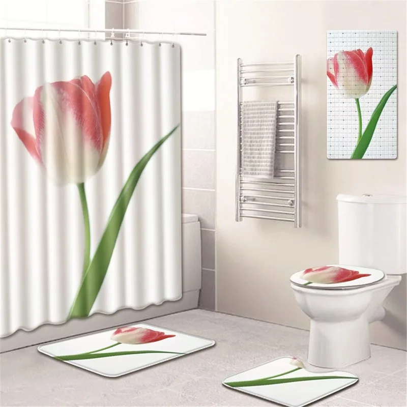 

Pastoral Shower Curtain Bathroom Mat Set Toilet Cover Mat Bathtub Mat Kitchen Pad Five-Piece Carpet bathroom mat set