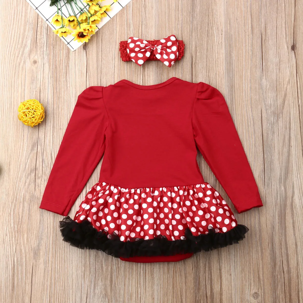 

2021 New Cute Baby Girls Christmas Costume Long Sleeve Dot Tulle Tutu Romper Dress+Bow Hair 2Pcs Baby Girl Xmas Outfits 0-24M