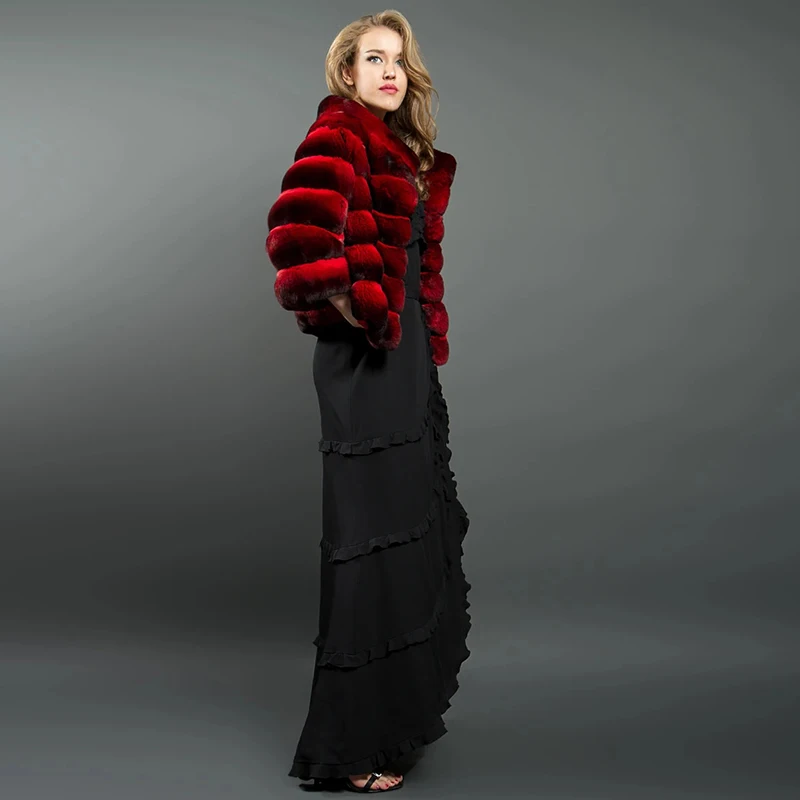 FURSARCAR 50cm Short Fashion Chinchilla Fur Jacket Women 2021 Natural Real Rex Rabbit Fur Coat Winter Outwear With Collar