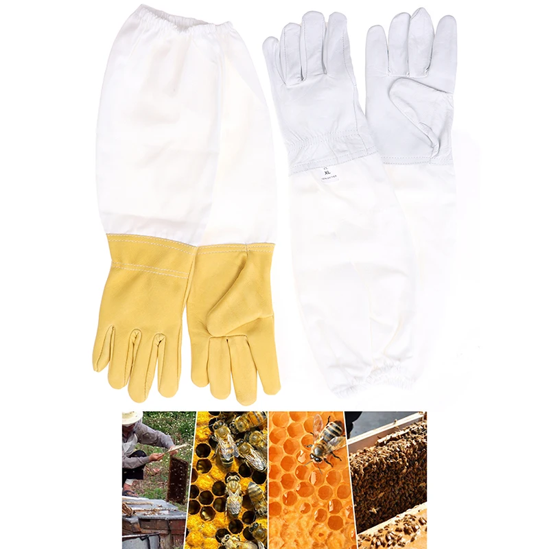 

1 pair Beekeeping gloves Protective Sleeves breathable yellow mesh white sheepskin and cloth for Apiculture beekeeping gloves