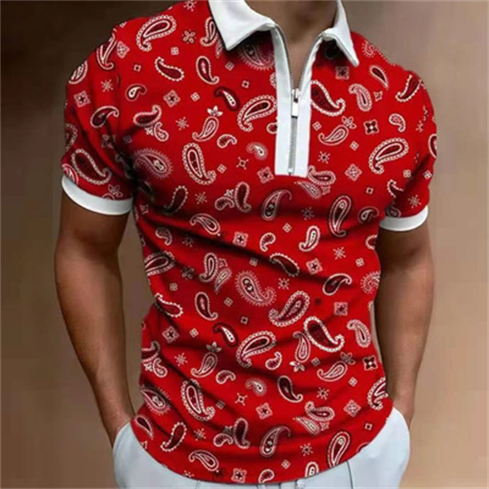 Men's Casual Polo Shirt Short Sleeve Piping Zipper Neckline Slim Top Harajuku Style Urban Fashion Printed Sportswear