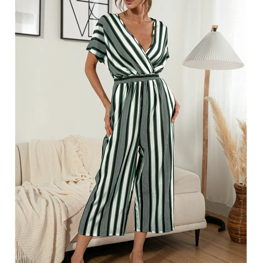 

Striped Print Jumpsuit Women Summer V-neck Wide Leg Pants Retro Rompers Short Sleeve Loose Casual Overalls Combinaison 2021