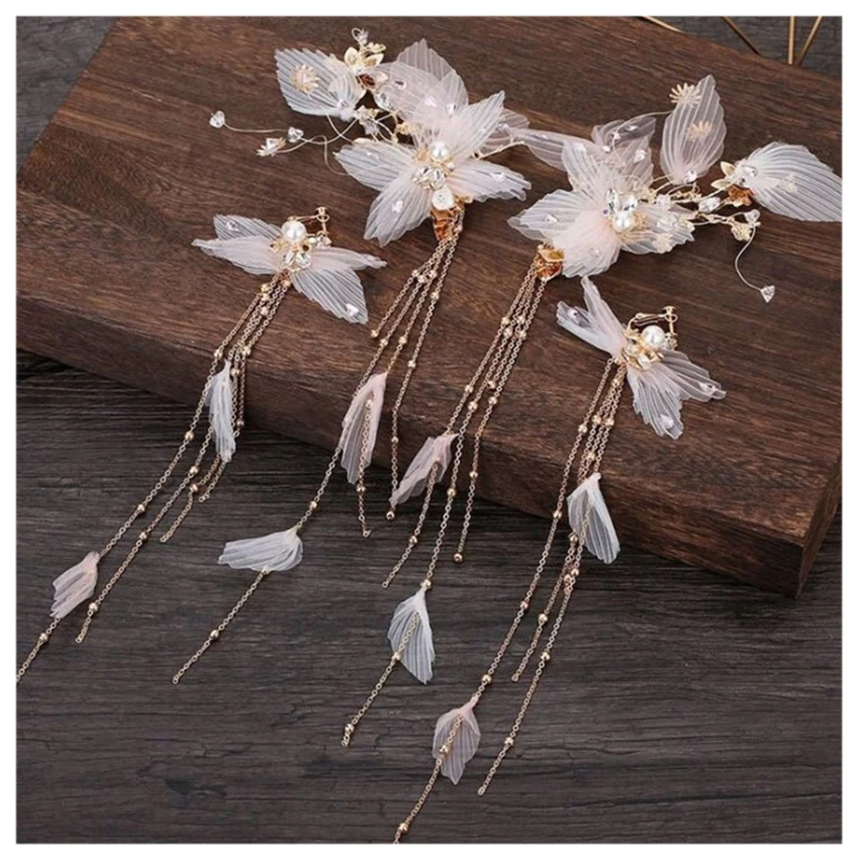 

Four/Two-Piece Set Vintage Silk Flower Pearl Tassel Antique Side Hairpins with Ear Clips Lovely Girl Hair Accessories