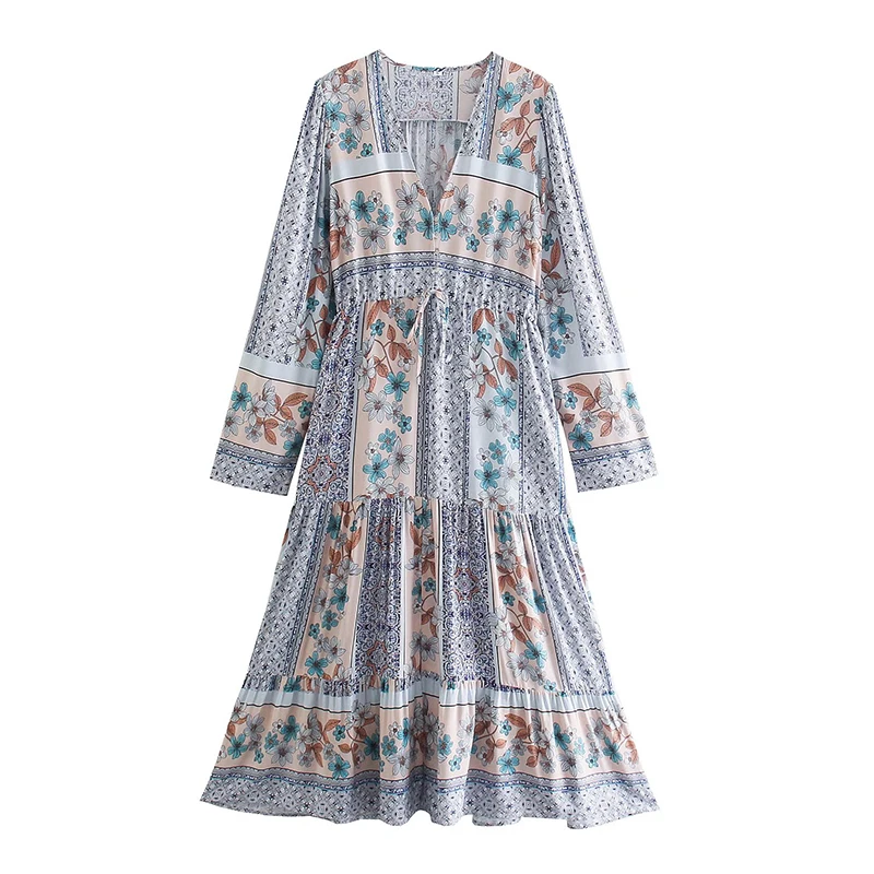

YENKYE Spring Autumn Woman Vintage Floral Print Long Boho Dress Female Drawstring Waist A-line Casual Holiday Dress Ladies Robe