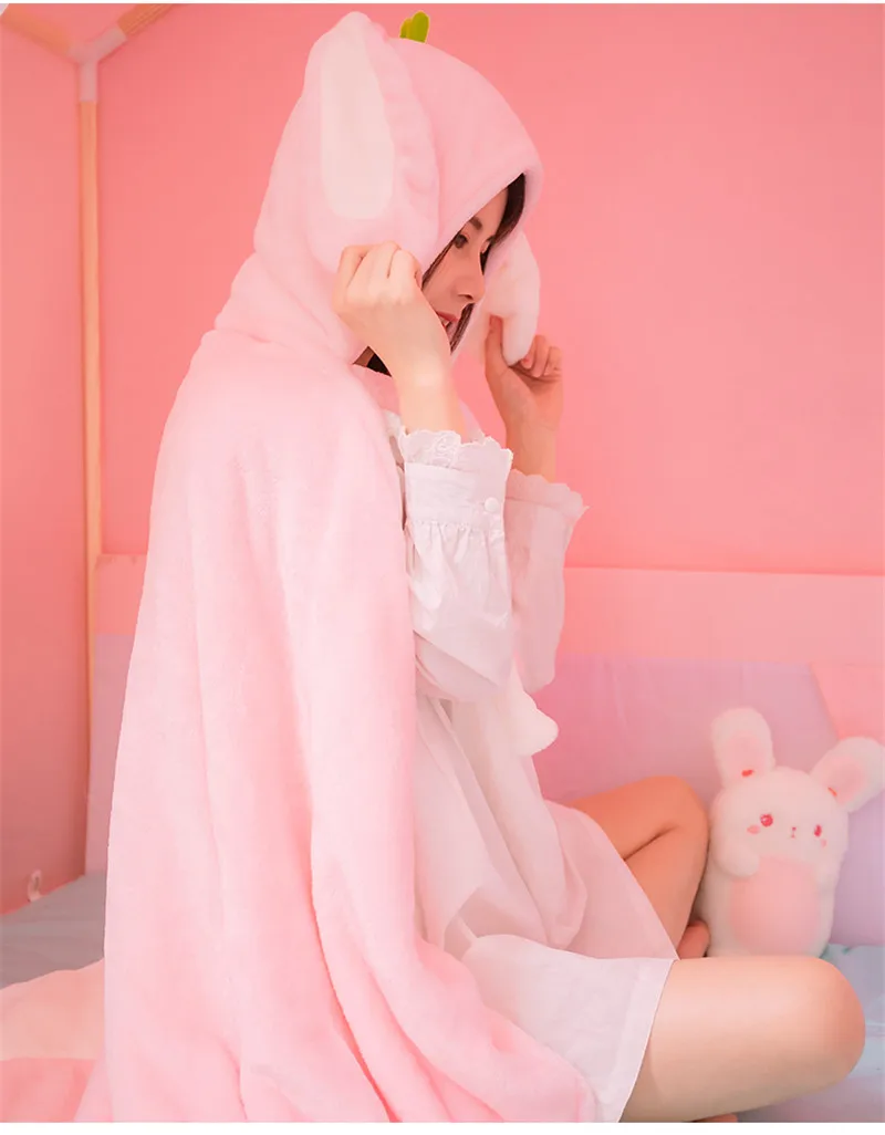 Милый кролик супер мягкий плащ с капюшоном для девочек-подростков Kawaii Медведь с ушками плащ Лолита теплый удобный флис носимых женщин офисное одеяло