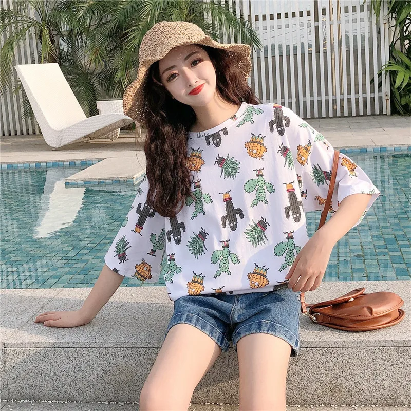 Летняя Хлопковая женская футболка с принтом кактуса козы коротким рукавом