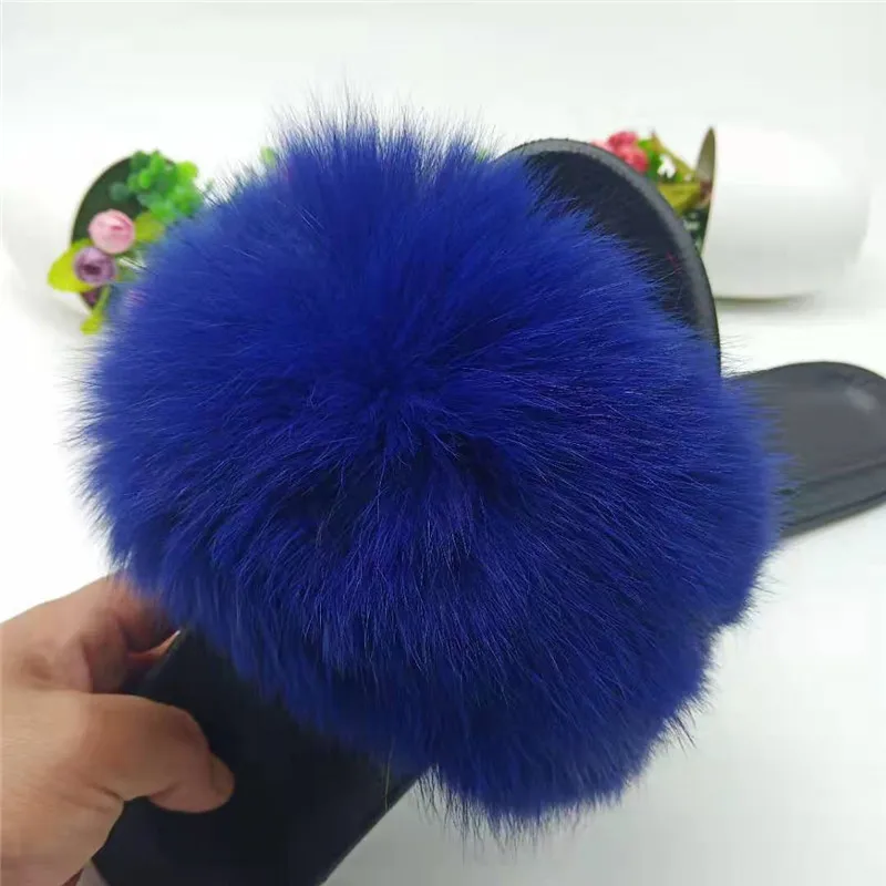 Fur Slippers Women Fox Home Fluffy Sliders Comfort With Feathers Furry Summer Flats Sweet Ladies Shoes Size 45 Home Real fox fur - Цвет: Blue