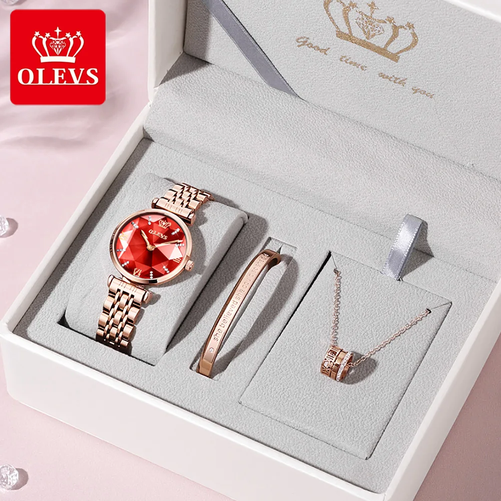 OLEVS Women Fashion Red Quartz Watch Stainless Steel Waterproof Watch Luxury Casual Wristwatch Elegant Female Clock montre femme enlarge