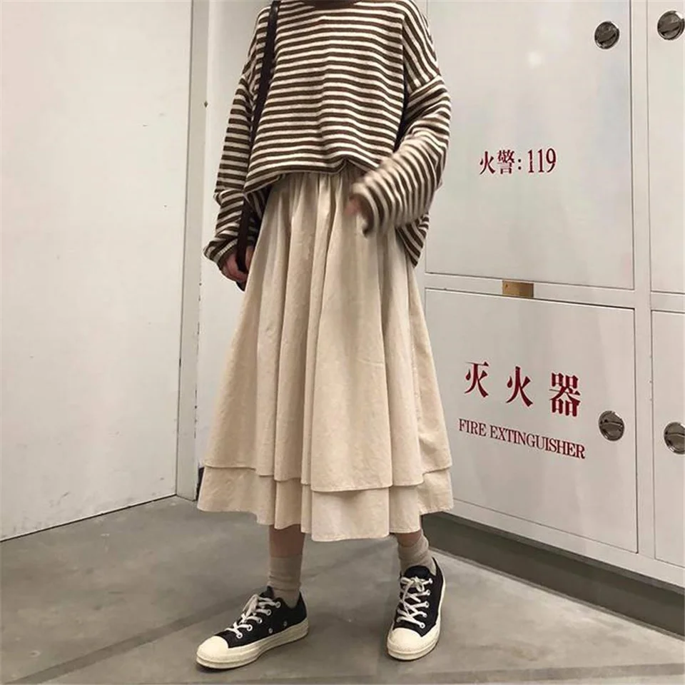 

Summer Elegant A-Line Skirt Office Lady High Waist Loose Mid Skirts Women Fashion Casual All Match Skirt