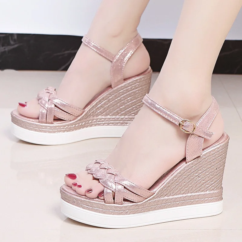 

One Word Buckle Fashion Casual Pure Color Exquisite Slope With Elegant Ladies Sandals Summer New Style Hot Sale Large Size 33-40