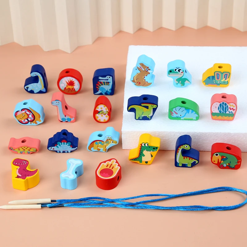 

Аксессуары для игр с бусинами, большой динозавр из древесины Монтессори, 21 блок для раннего обучения детей, резьба на веревке