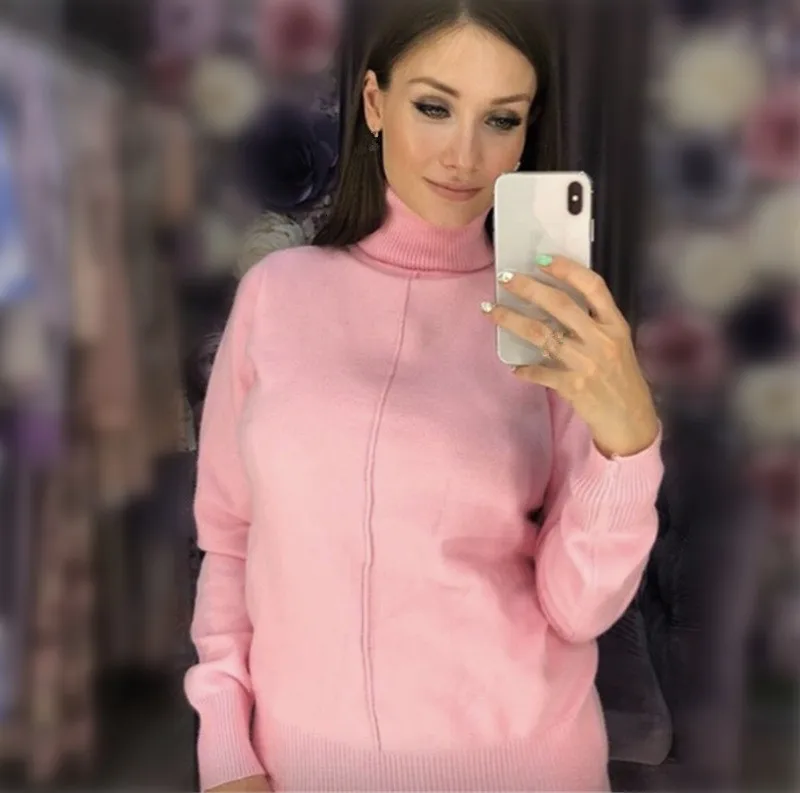Женский зимний шерстяной плотный вязаный костюм однотонный пуловер с высоким
