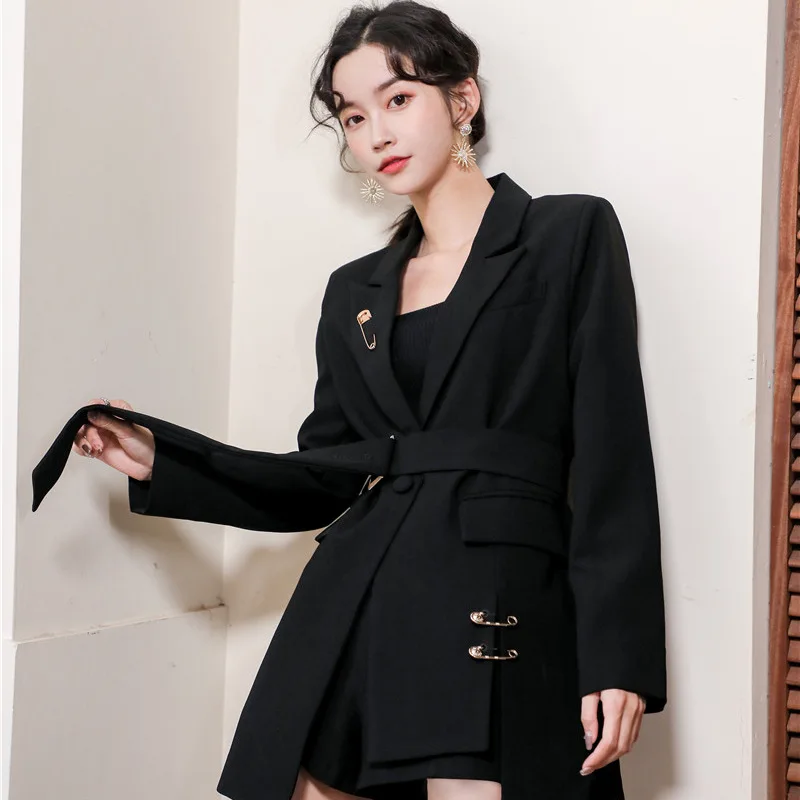 

Черный костюм, куртка, женские осенне-зимние женские куртки, модный дизайн во французском стиле, Элегантный Приталенный костюм на одной пуг...