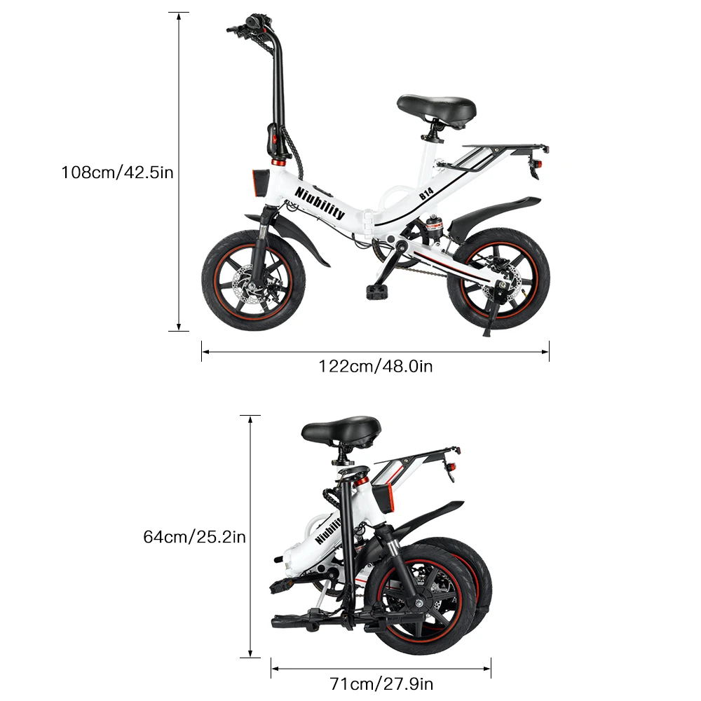 

Niubility Folding Electric Bicycle 14 Inch Powerful Assist E Bike Max.100km Range with App Control Commuting Trips E-Bicycle