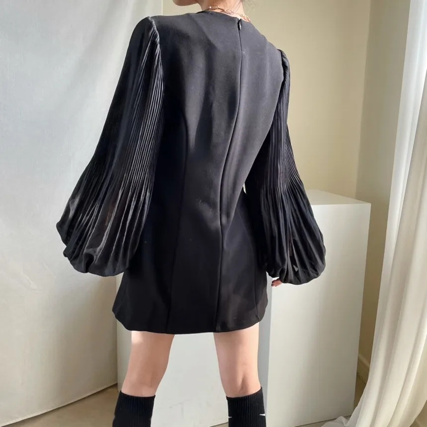 

V Neck Lantern Long Sleeve Pullover Dress Women High Waist Hip A Line Knee Length Vestidos Loose Solid Spring Robe