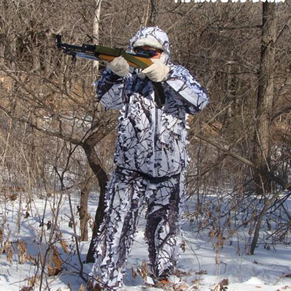Sniper CS Bionic Camouflage Suit Men 3D Maple Leaf Ghillie Suits Winter White Snow Hunting Clothes Invisible Camo Full Set | Спорт и