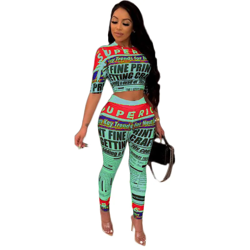 Unique style women set o neck newspaper print 2 pieces outfits for suit lady summer tracksuit SA8111 |