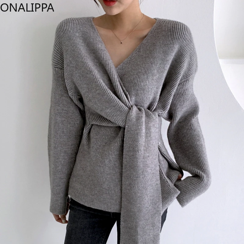 

Onalippa 2021 Autumn Winter Female Temperament Cross Over V-Neck Side Lace-Up Waist Solid Color Long-Sleeved Knitted Sweater