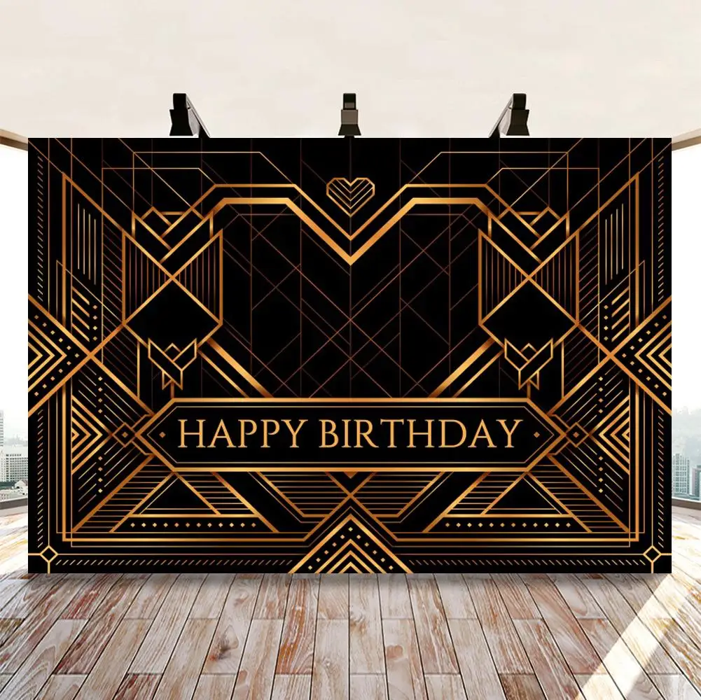 

Happy birthday party friends party background beautiful lines black and gold amazing Gatsby banner poster background photo booth