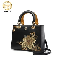 pmsix embroidery gold flowers genuine leather women handbag famous brand shoulder bags luxury cowhide ladies tote bag