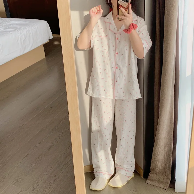 

Новый летний пижамный комплект, Женская хлопковая Домашняя одежда с коротким рукавом, комплект из 2 предметов, милый розовый топ с принтом, ш...