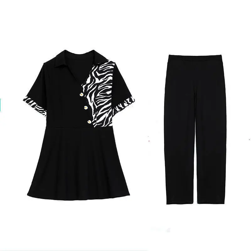 

2021 Summer New Women Suit Loose Fashion Patchwork Short-sleeve Top and Pants Sets Womens Outfits Plus Size Two-piece Set Y906