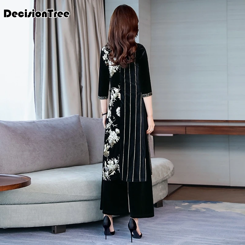 Высокое качество aodai вьетнамский стиль cheongsam платье китайское платье qipao топ+ брюки набор Женская традиционная одежда цветочный ao dai