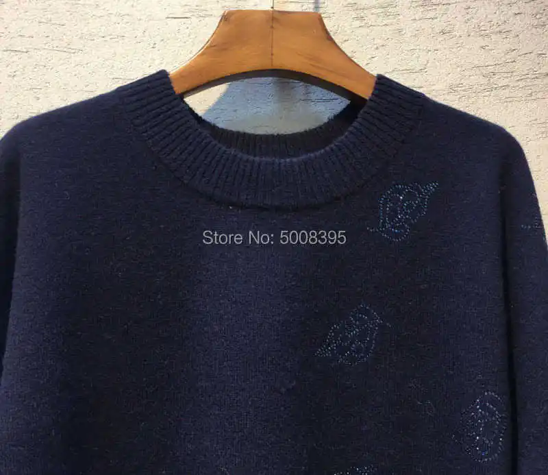 

Woman Navy Sweater Round Neck Leaves Strass Embellished Fashion Cashmere Jumper 2021FW New Knitwear High Quality