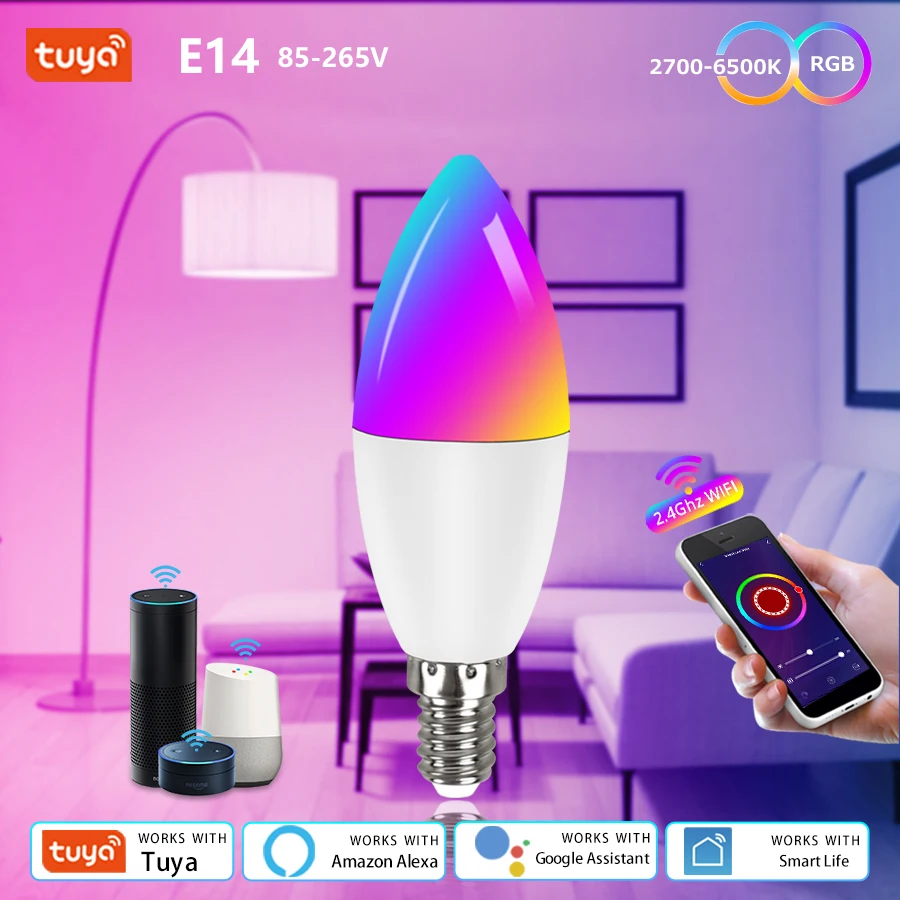 

Умная Светодиодная лампа Tuya с Wi-Fi, E14, RGB, CW, WW, 85-265 в