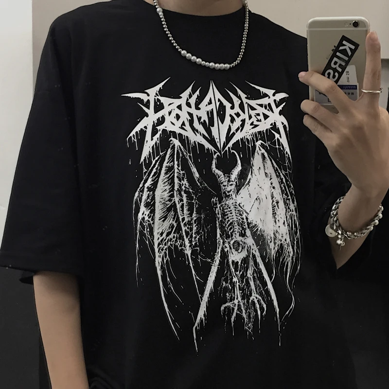 Women's T-shirt Harajuku Y2K Top Harajuku Retro Korean Style Black Demon Punk Gothic Anime Print Clothes Plus Size