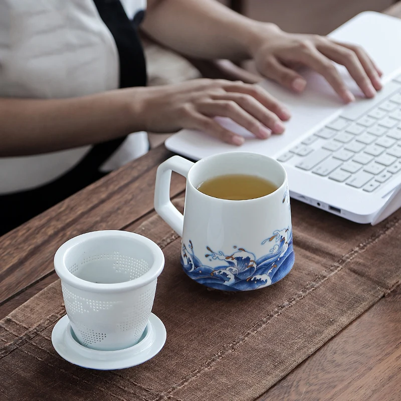 Jingdezhen Tea Mug 350ml Enamel Ceramic Coffee Mugs with Filter Lid Set Handmade Water Cup Drinkware Creative Gift Craft Artwork | Дом и сад