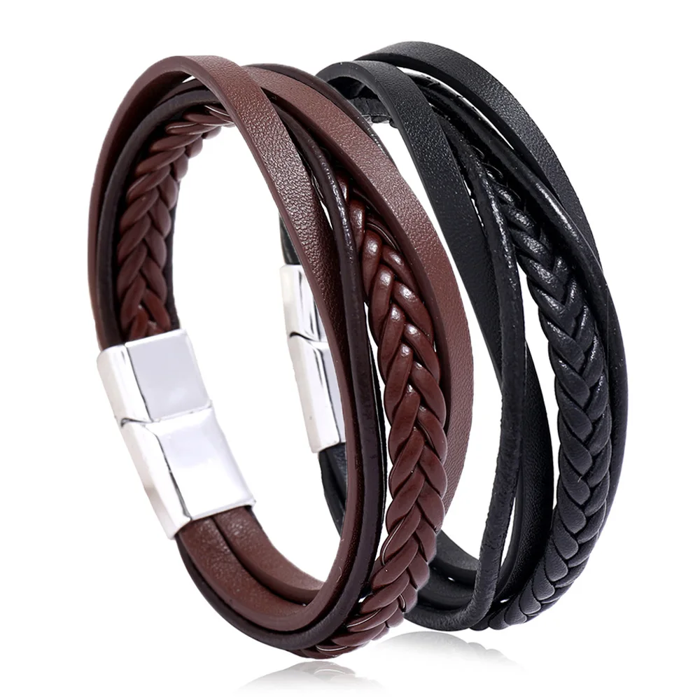 

New design 2020! Multilayer Handmade Braided Genuine Leather Bracelet & Bangle For Men Fashion Stainless Steel Bangles Gifts