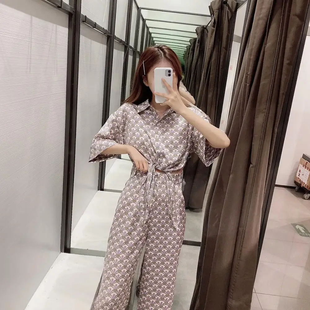 Весна 2020 новинка Женский комплект из 2 предметов с принтом бантом отложным