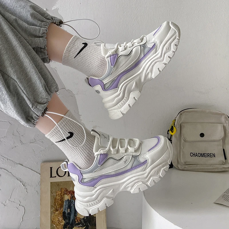 

MIYEDA Women Chunky Sneakers Women's Vulcanized Shoes Shallow Female Casual Mesh Middle Heels Lace-up Lady Sports Shoes