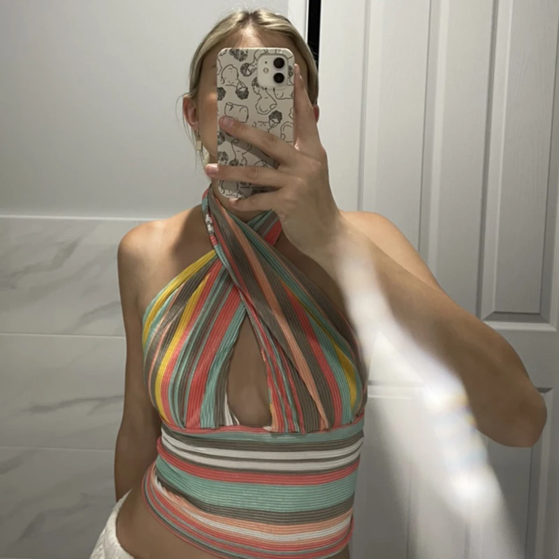 

Rainbow Striped Ribbed Y2k Halter Crop Tank Top For Girls Summer Cut Out Sexy Women 2021Sleeveless Shirt Female Outfit Beachwear