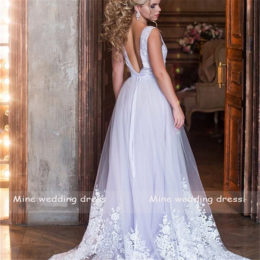 

A-line Lavender Wedding Dress with Lace Applique Backless Make To Order Bridal Dresses Vestido De Novia