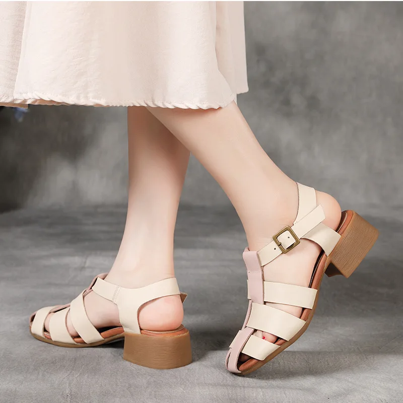 

YourSeason Ladies Genuine Leather Hollow Comfortable Sandals Mixed Colors Handmade Women Summer Retro Shoes Buckle Strap