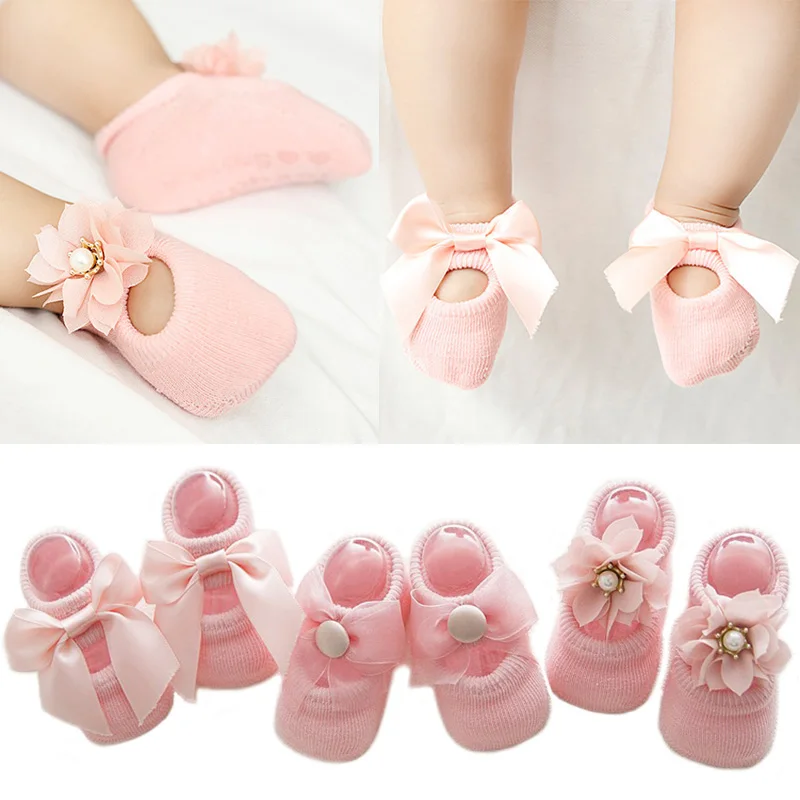 

3 пары/Лот, кружевные носки для новорожденных с цветами, хлопковые нескользящие детские носки с бантом, весенние подарочные носки для девоче...