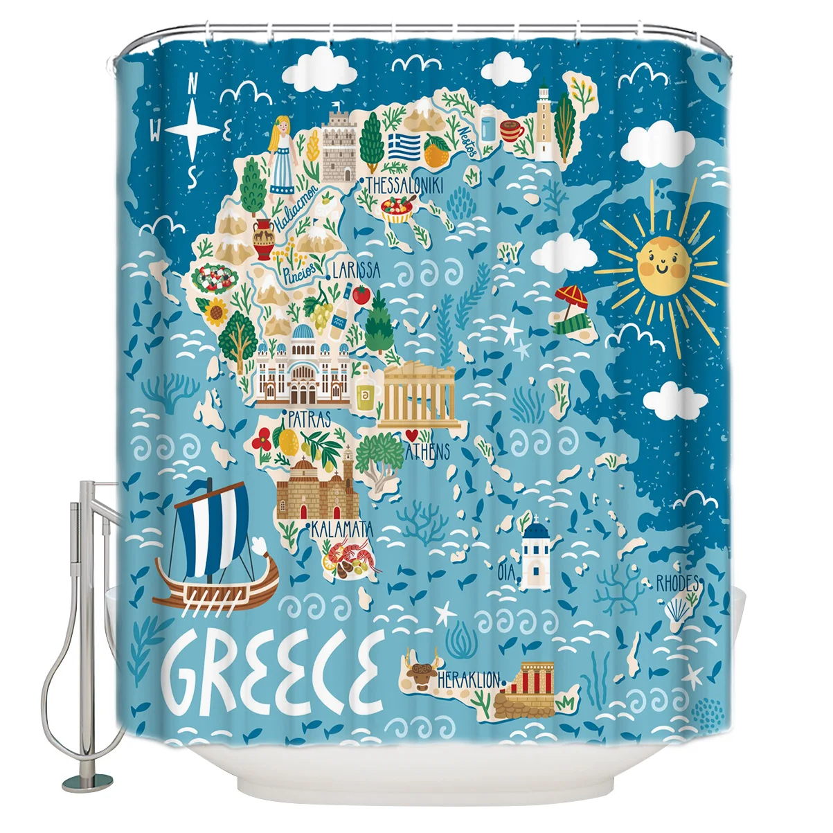 Greece Island Map Cartoon Shower Curtain Waterproof Bathroom Curtains Polyester Fabric Hooks for Decor | Дом и сад