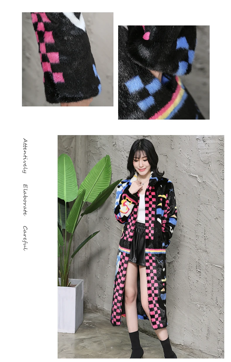 Nerazzurri Multi color women faux fur coat runway ladies long fur coats warm winter fashion designer brand luxury women clothing