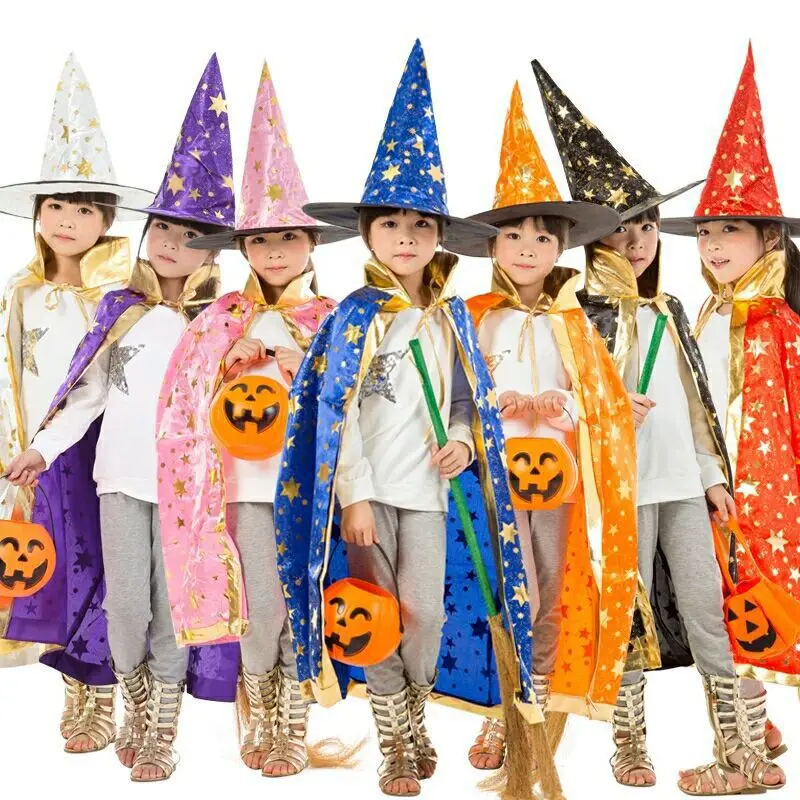 

Children Halloween Costumes Wizard Witch Cloak Cape Robe with Pointy Hat Girls Boys Cosplay Props Kids Birthday Party Supplies