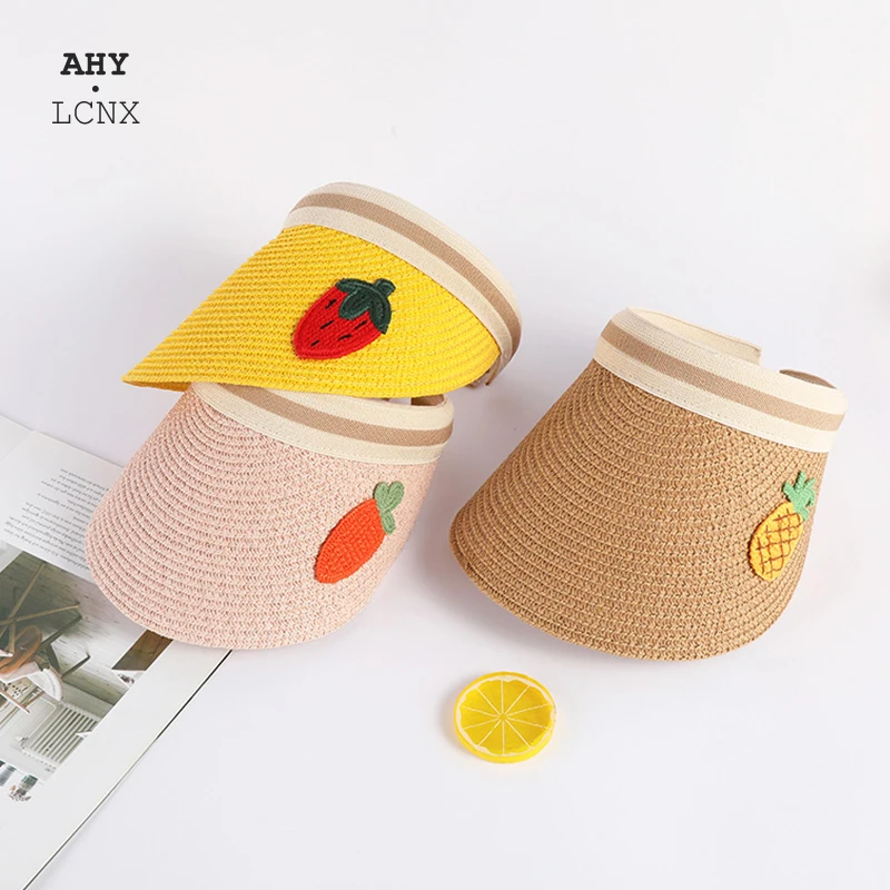 

Children Cartoon Summer Straw Hat Kids Boys Girls Fruit Embroidery Sun Visor Cap Baby Beach Hats Children Top Empty Sun Caps
